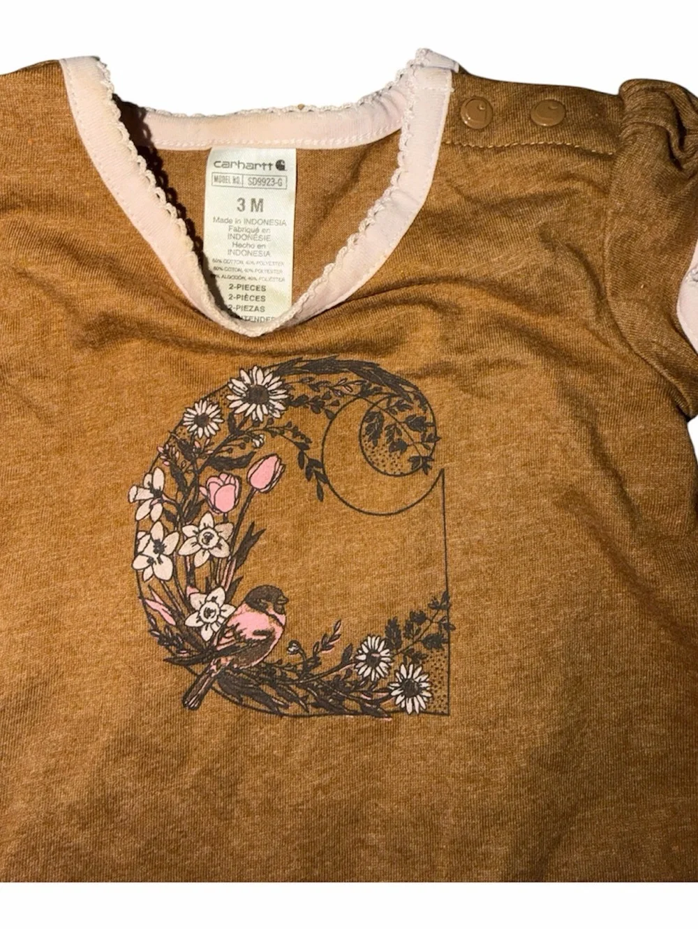 Carhartt Brown Short-Sleeve Floral Logo Romper with Pink Trim